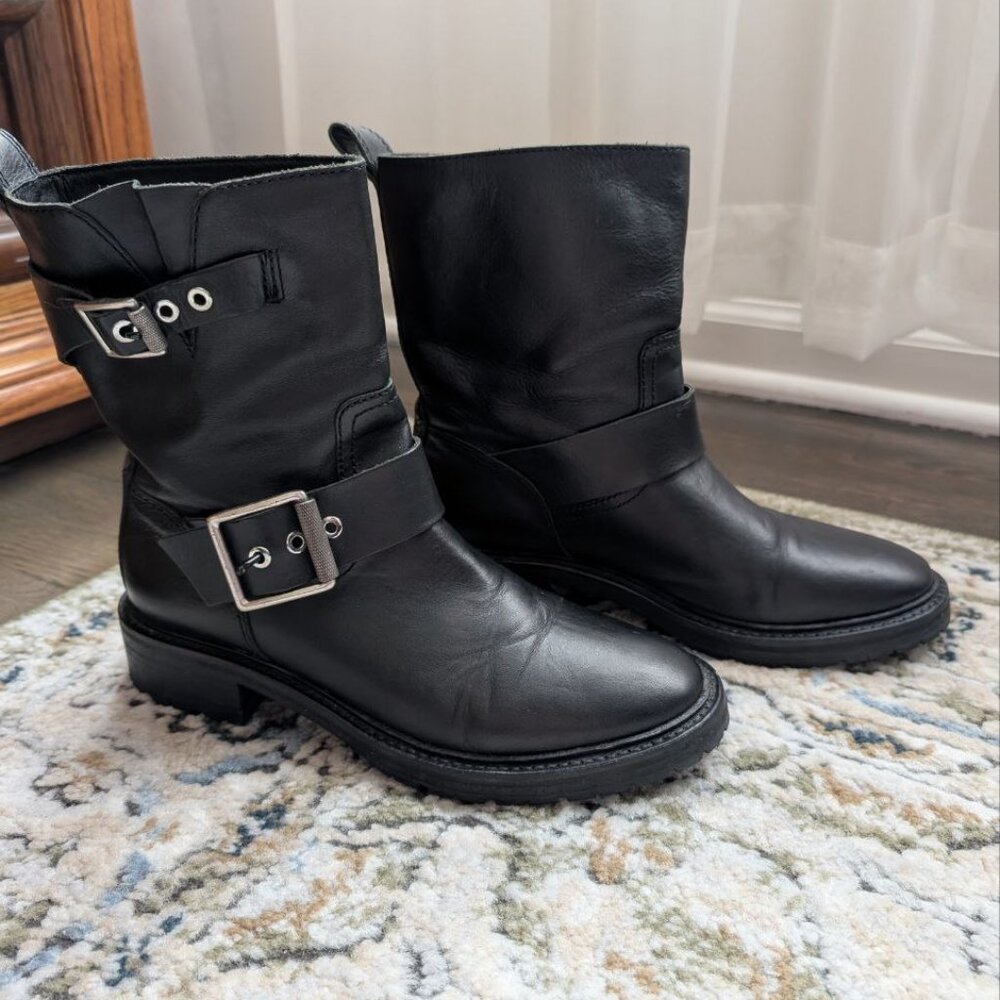 Rag & Bone Women`s Moto Combat Boots Black Leather Buckle Logo Sz US 7,5